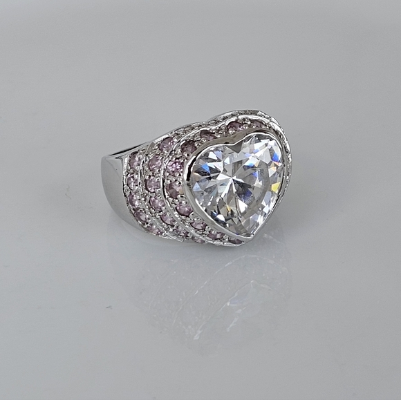 Perfect Heart Shaped Diamond & Pink Sapphire Simulant Ring Sterling Silver Sz 6! - Picture 4 of 6